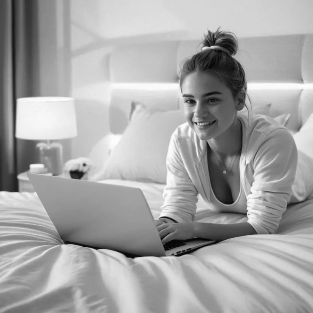 Девушка работает вебкам моделью из дома за компьютером