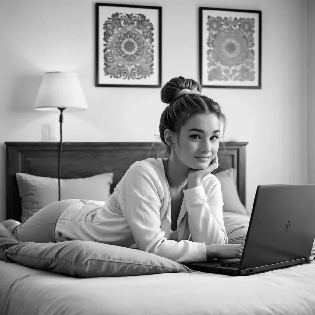 Девушка лежит перед ноутбуком, изучает способы защиты от дипфейк-атак