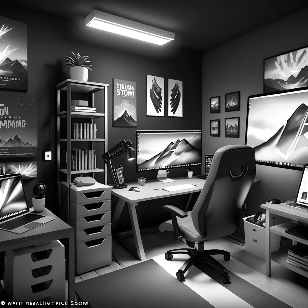 Хорошо оборудованная комната для стрима в чёрно-белом стиле с камерой, профессиональным светом и микрофоном