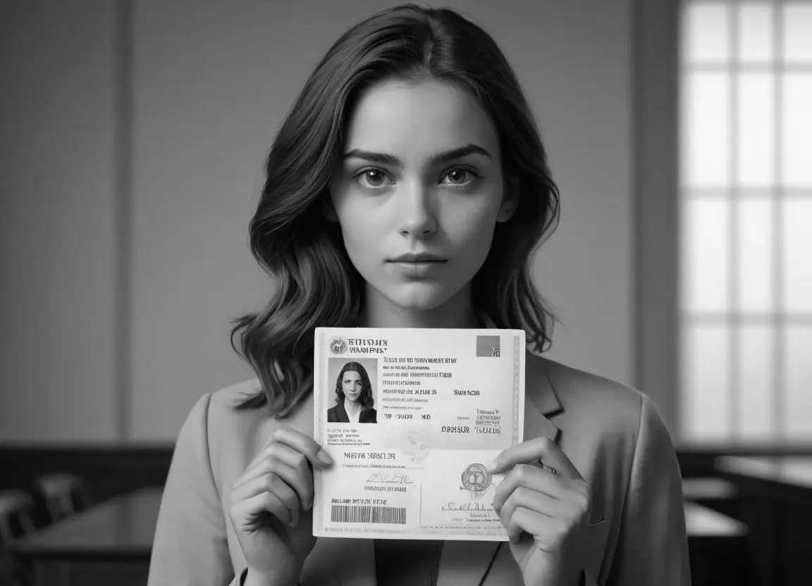 Девушка держит документ для подтверждения возраста, черно-белая фотография